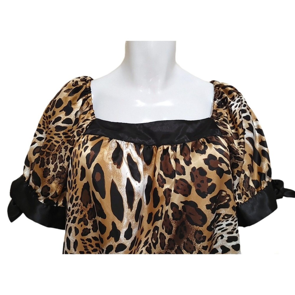 Allison Taylor Animal Print Blouse Women's L Silky Tie Sash Short Sleeve Top